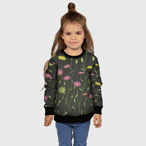Детский свитшот Полевые цветочки на темном фоне / 3D-Черный – фото 4