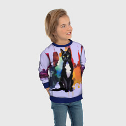 Свитшот детский Милая кисуля в Нью-Йорке - акварель, цвет: 3D-синий — фото 2