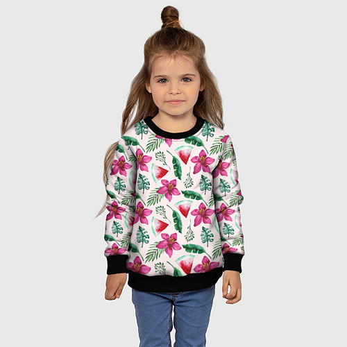 Детский свитшот Арбузы, цветы и тропические листья / 3D-Черный – фото 4