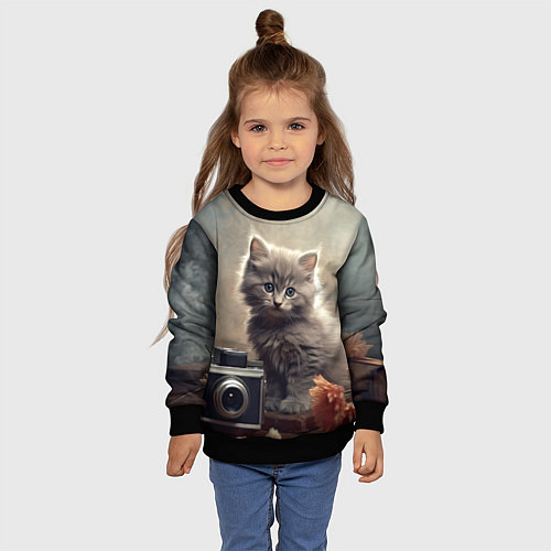 Детский свитшот Серый котенок, винтажное фото / 3D-Черный – фото 4