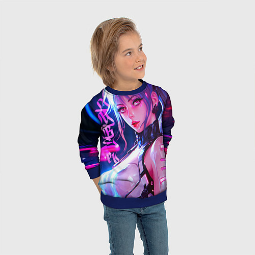 Детский свитшот Кибер-девушка неон аниме / 3D-Синий – фото 3