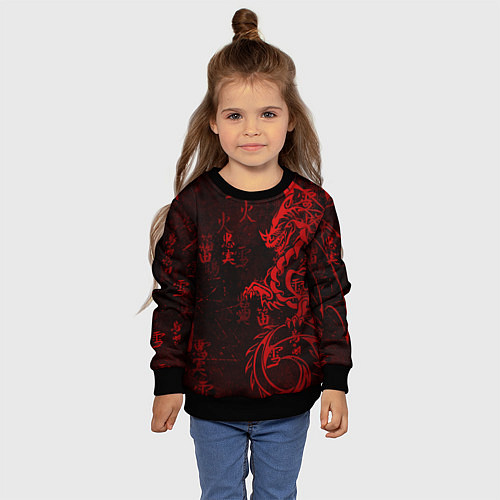 Детский свитшот Красный дракон - иероглифы / 3D-Черный – фото 4