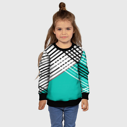 Детский свитшот Черно-белые переплетенные полосы на бирюзовом фоне / 3D-Черный – фото 4