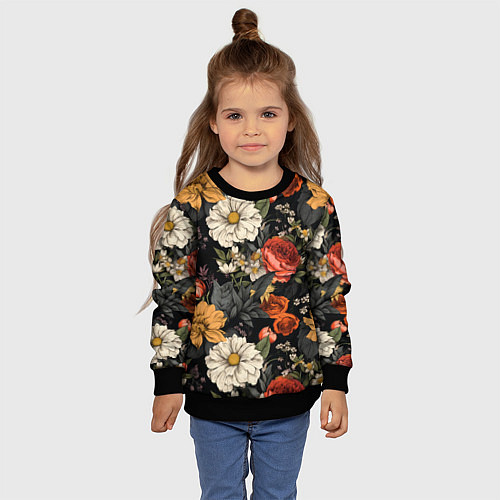 Детский свитшот Цветочный паттерн на черном / 3D-Черный – фото 4