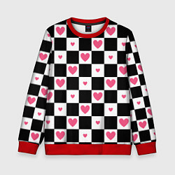 Детский свитшот Розовые сердечки на фоне шахматной черно-белой дос