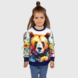Свитшот детский Морда медведя гризли с цветами акварелью, цвет: 3D-синий — фото 2