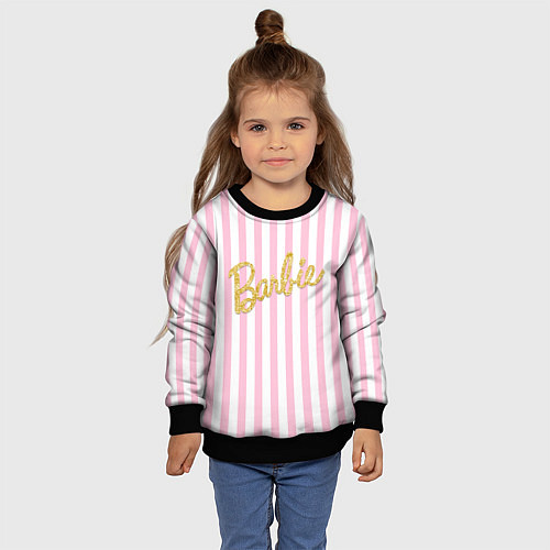 Детский свитшот Barbie - золотая надпись и бело-розовые полосы / 3D-Черный – фото 4