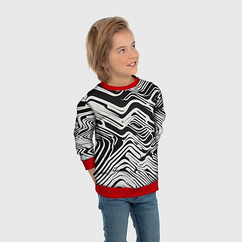 Детский свитшот Волнистые белые линии / 3D-Красный – фото 3