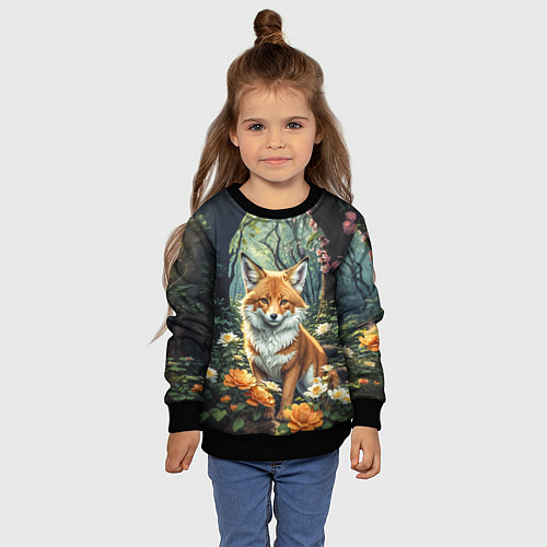 Детский свитшот Лисица в лесу в цветах / 3D-Черный – фото 4