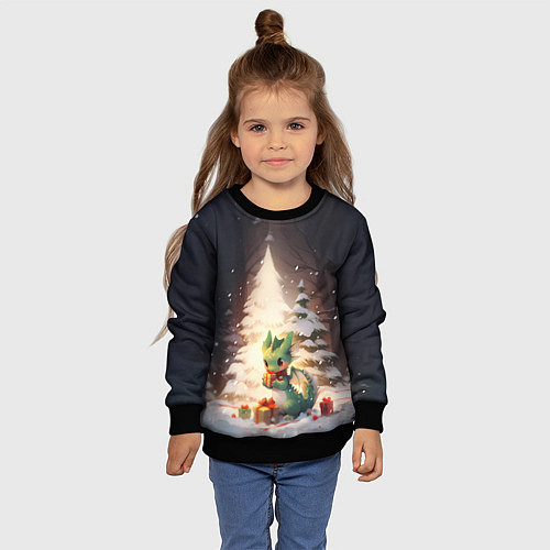 Детский свитшот Чиби-дракон под ёлкой с подарками / 3D-Черный – фото 4