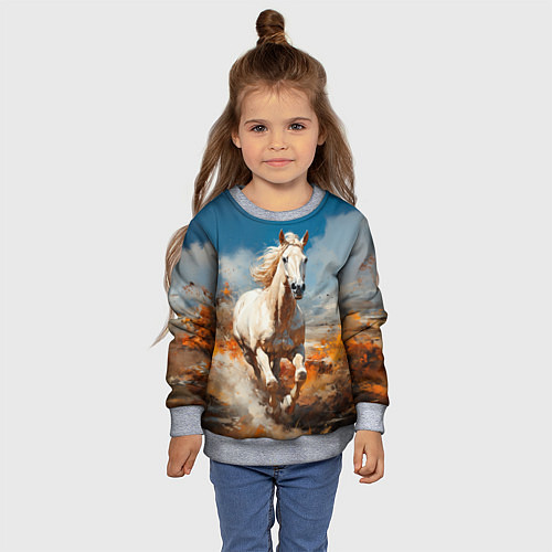 Детский свитшот Белая лошадь скачет в поле / 3D-Меланж – фото 4