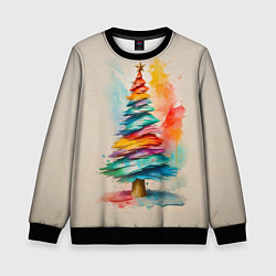 Свитшот детский Новогодняя ель акварелью на холсте, цвет: 3D-черный