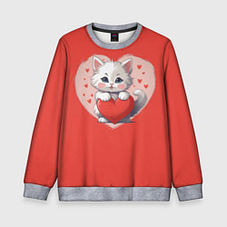 Свитшот детский Мультяшный котенок держит красное сердечко, цвет: 3D-меланж