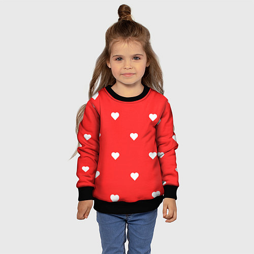 Детский свитшот Белые сердца на красном фоне / 3D-Черный – фото 4