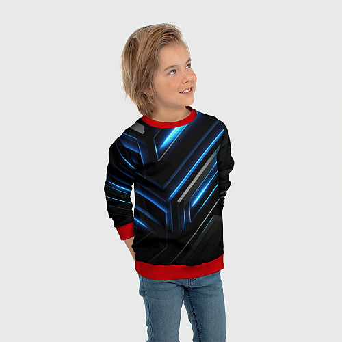Детский свитшот Черный абстрактный фон и синие неоновые вставки / 3D-Красный – фото 3