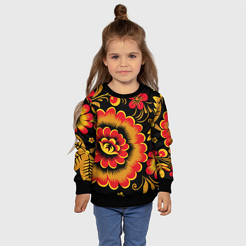 Детский свитшот Хохломская роспись красно-жёлтые цветы на чёрном ф / 3D-Черный – фото 4