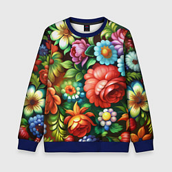 Свитшот детский Жостово роспись цветы традиционный узор, цвет: 3D-синий