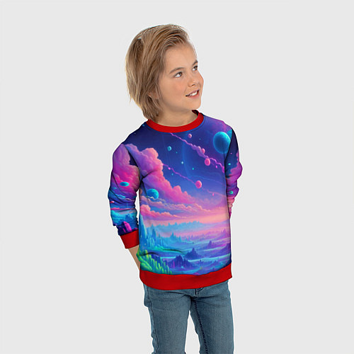 Детский свитшот Fantastic space landscape - neon glow / 3D-Красный – фото 3