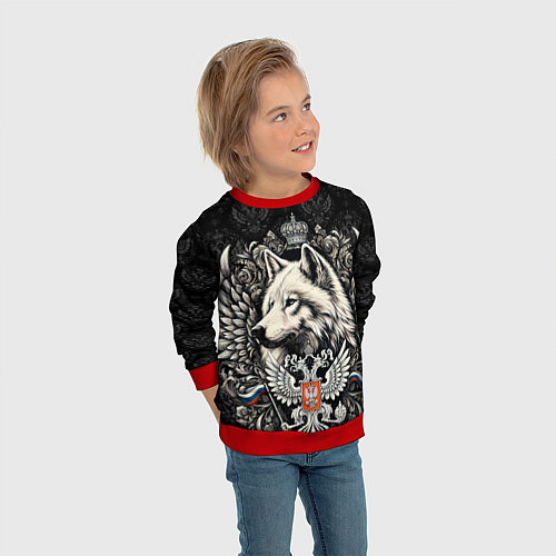 Детский свитшот Русский волк и герб России / 3D-Красный – фото 3