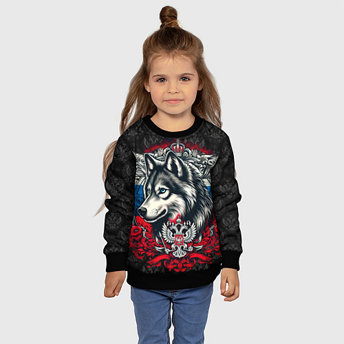 Детский свитшот Русский волк и герб России / 3D-Черный – фото 4