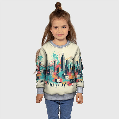 Детский свитшот Силуэты людей и небоскребов в брызгах краски / 3D-Меланж – фото 4