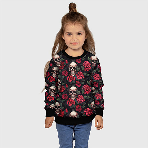 Детский свитшот Черепа и алые розы / 3D-Черный – фото 4