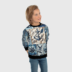 Свитшот детский Пэчворк с якорем - джинсовка моряка, цвет: 3D-черный — фото 2