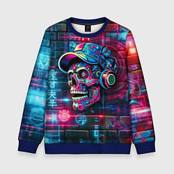Свитшот детский Кибер чувак череп на фоне граффити - нейросеть, цвет: 3D-синий