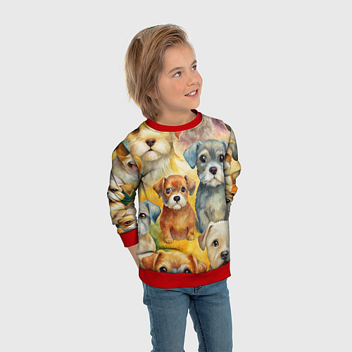 Детский свитшот Красочный паттерн с щенками / 3D-Красный – фото 3