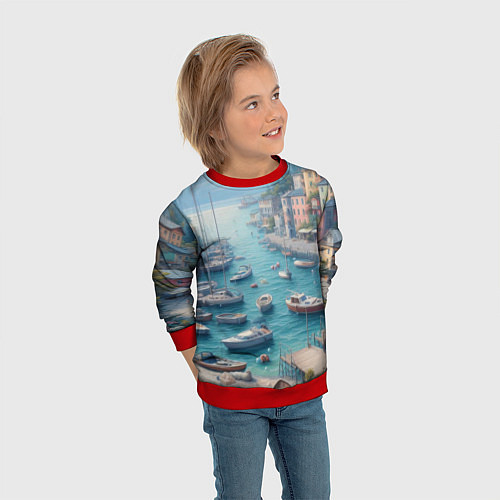 Детский свитшот Гавань с лодками / 3D-Красный – фото 3