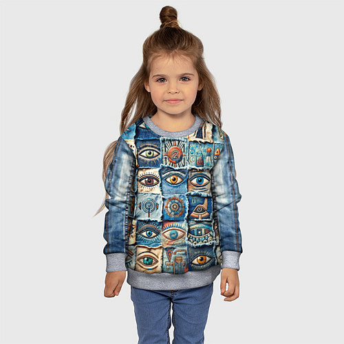 Детский свитшот Глаза на джинсах пэчворк / 3D-Меланж – фото 4