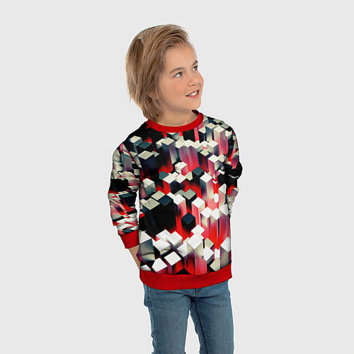 Детский свитшот Черно-белые блоки в красном тумане / 3D-Красный – фото 3