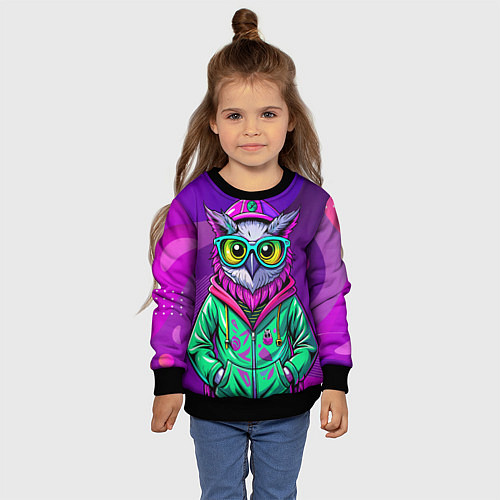 Детский свитшот Модная сова на фиолетовом / 3D-Черный – фото 4