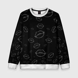 Свитшот детский Паттерн серый контур губ на чёрном - lips black, цвет: 3D-белый