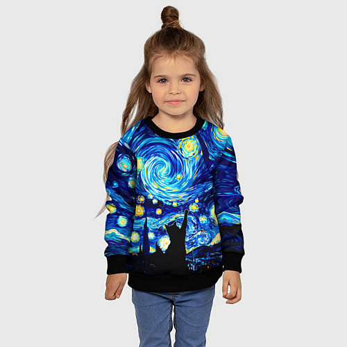 Детский свитшот Кот ловит звезды Вангога / 3D-Черный – фото 4
