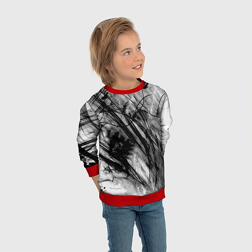 Детский свитшот Серый абстрактный серо-черный шрих / 3D-Красный – фото 3