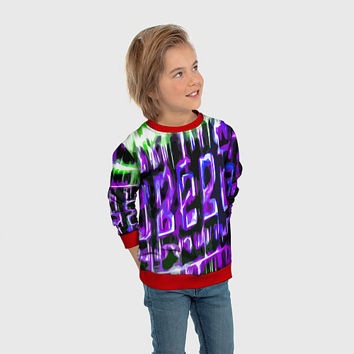 Детский свитшот Фиолетово-зелёная абстракция на чёрном фоне / 3D-Красный – фото 3