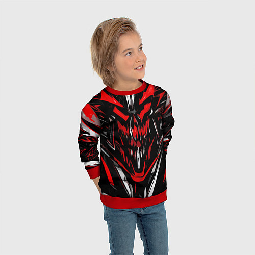 Детский свитшот Красно-белое абстрактное лицо на чёрном фоне / 3D-Красный – фото 3