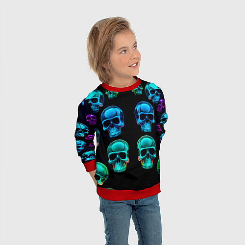 Детский свитшот Neon skulls - ai art pattern / 3D-Красный – фото 3