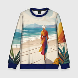 Свитшот детский Летний пейзаж с женщиной на пляже, цвет: 3D-синий