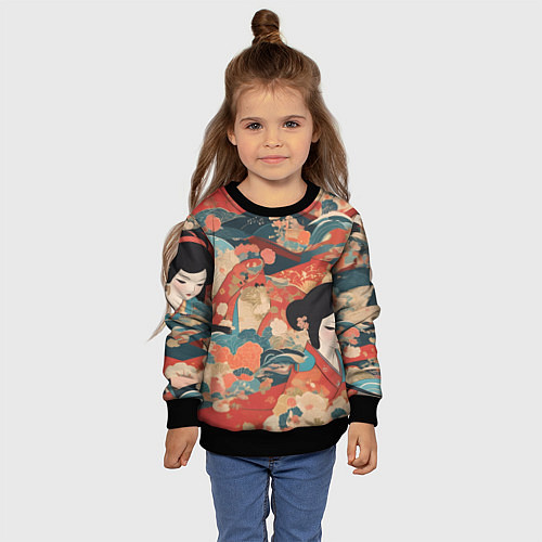 Детский свитшот Японский орнамент с девушкой / 3D-Черный – фото 4