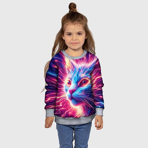 Детский свитшот Неоновая мордочка котёнка - нейроарт элетро кот / 3D-Меланж – фото 4