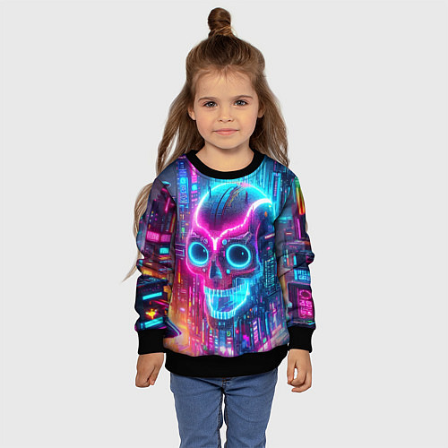 Детский свитшот Neon skull in metropolis - future / 3D-Черный – фото 4