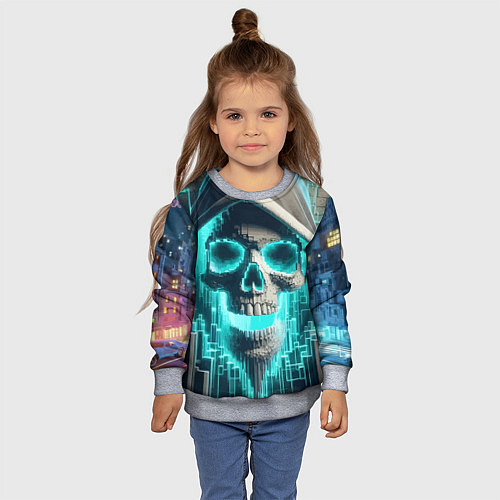 Детский свитшот Скелет в балахоне - граффити кибер-хакер / 3D-Меланж – фото 4