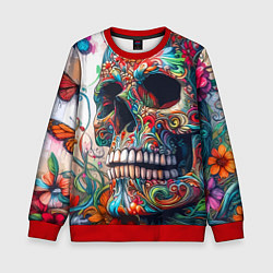Свитшот детский Орнаментальный череп с тремя бабочками - граффити, цвет: 3D-красный