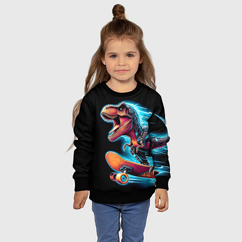 Детский свитшот Cool Dino on a skateboard - neon glow fantasy / 3D-Черный – фото 4