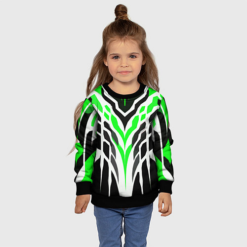 Детский свитшот Агрессивные зелёно-белые полосы на чёрном фоне / 3D-Черный – фото 4