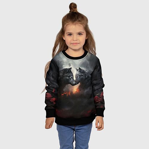 Детский свитшот Влюбленные волки в дыму / 3D-Черный – фото 4