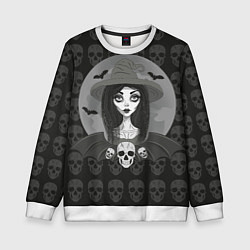 Свитшот детский Ведьма, череп, Хэллоуин, цвет: 3D-белый