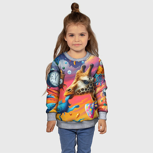 Детский свитшот Жираф в бабочке держит во рту рыбу - сюрреализм / 3D-Меланж – фото 4